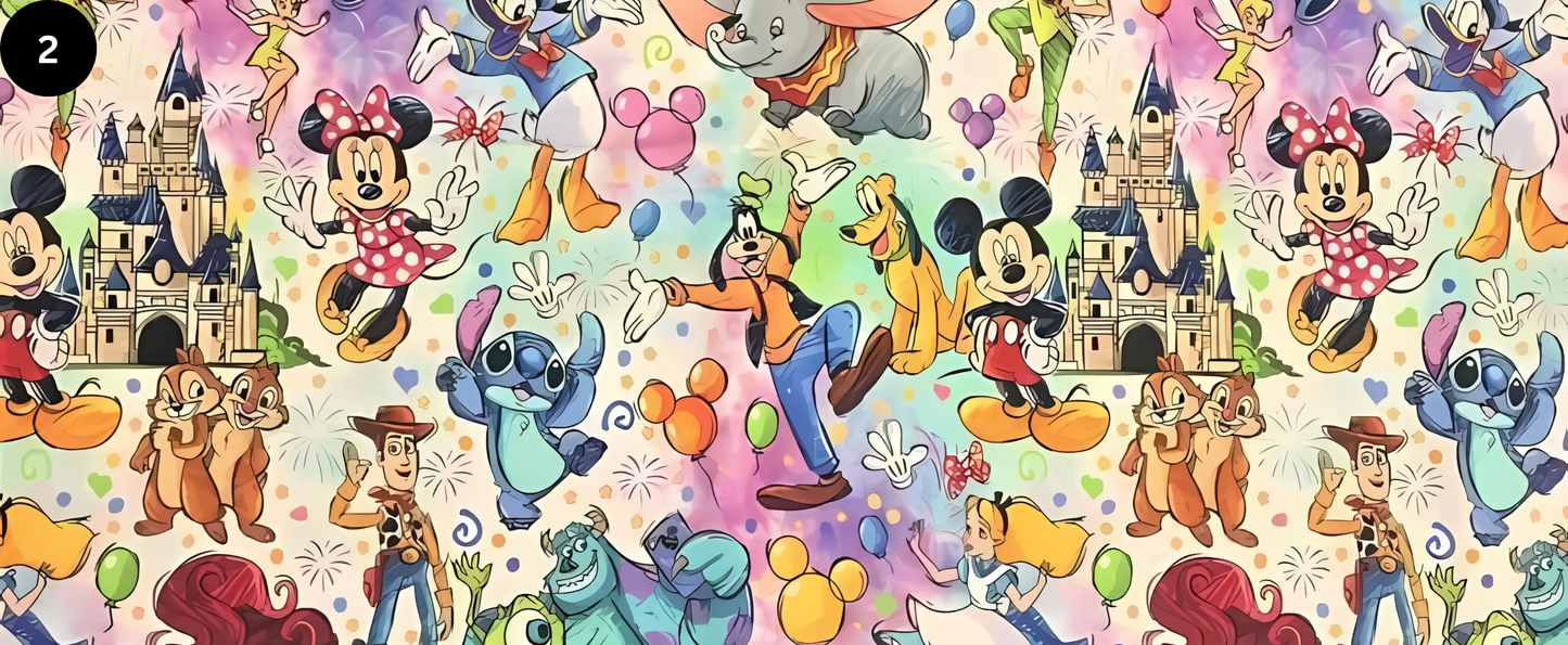 Colourful pattern of cartoon characters with a castle in the background.