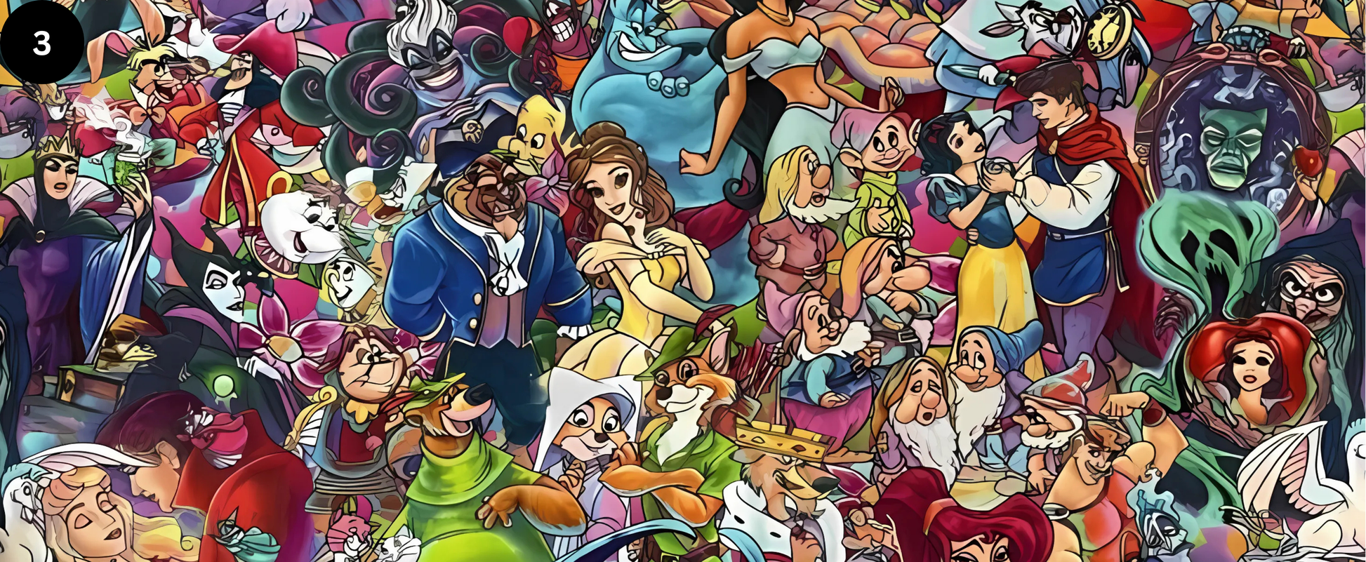 A collage of various animated characters from different movies.