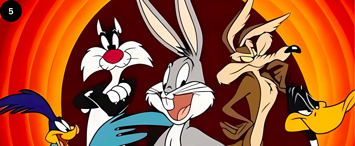 Four animated characters from Looney Tunes against a red and orange circular background
