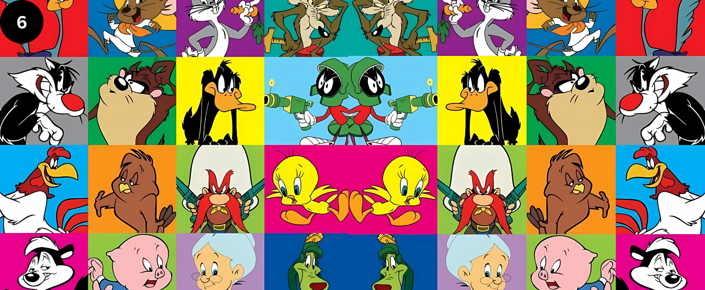Grid of colorful cartoon characters from Looney Tunes on a multicolored background