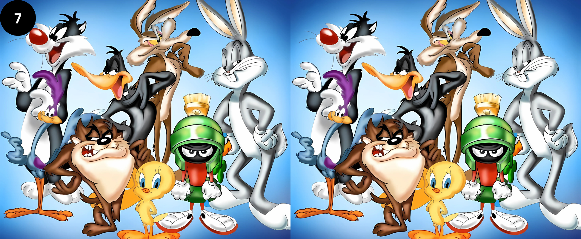 Cartoon characters from Looney Tunes on a blue background
