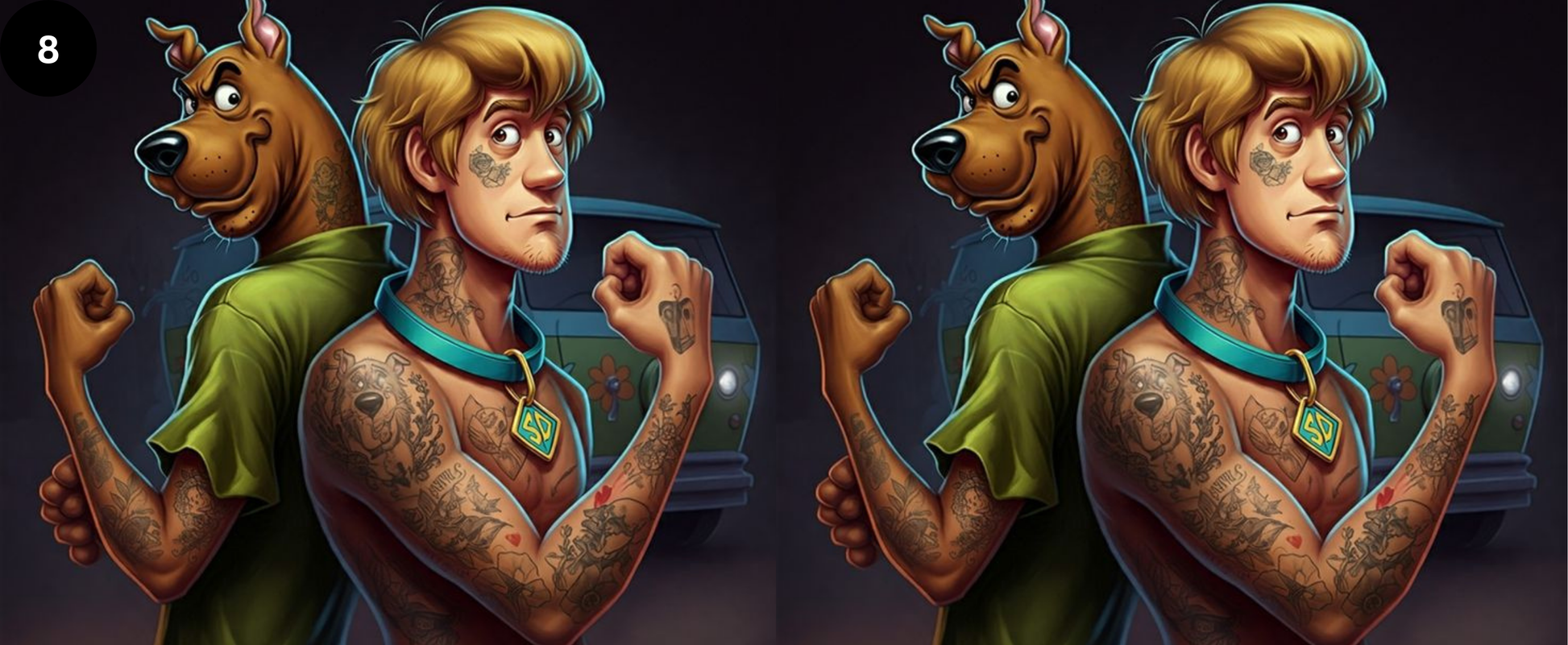Cartoon character with tattoos flexing muscles in front of a vehicle.