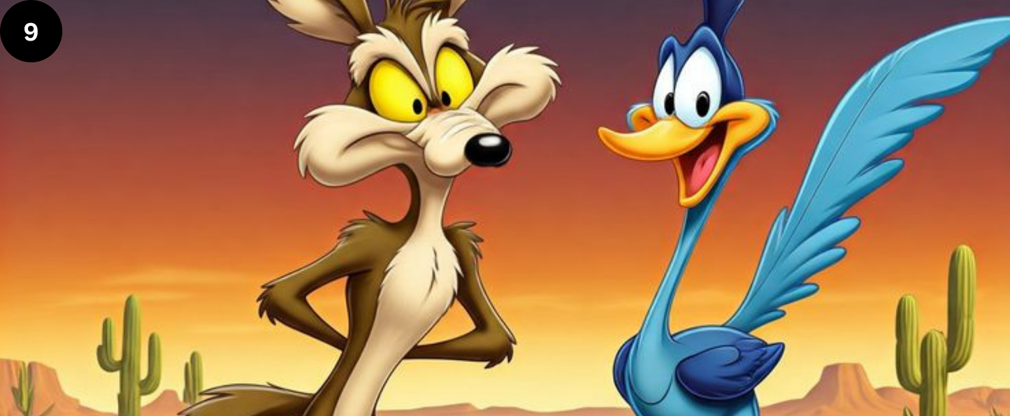 Two animated characters, a coyote and a blue bird, in a desert setting with cacti.