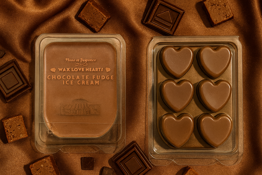 Chocolate coloured, packaged, wax hearts on a brown fabric background