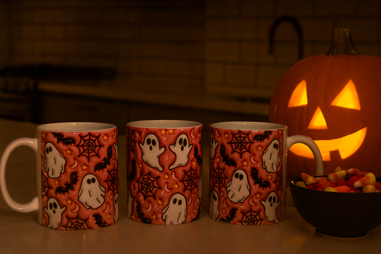 Coffee mug from three perspectives showing Halloween-themed design with ghost and spider designs next to a lit jack-o'-lantern.