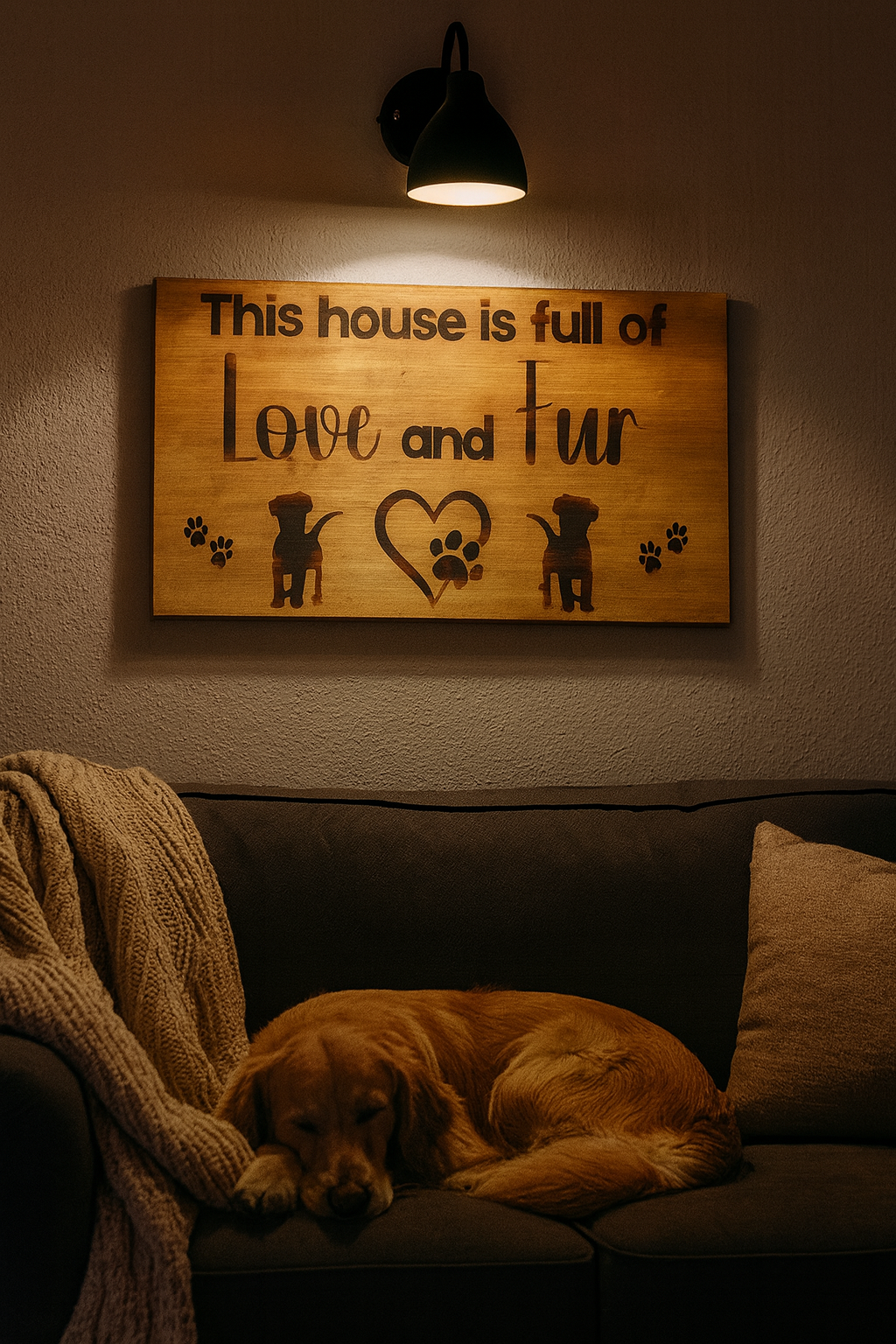Dog lying on a couch with a wooden sign above it that reads 'This house is full of Love and Fur'.