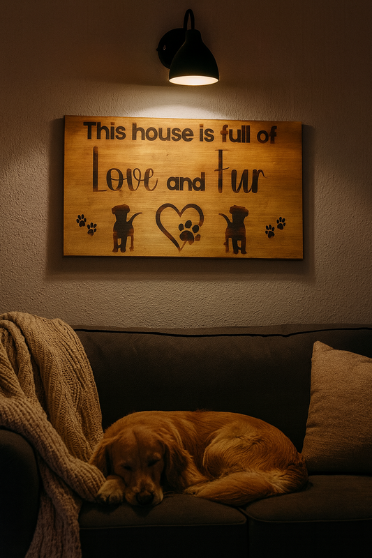 Dog lying on a couch with a wooden sign above it that reads 'This house is full of Love and Fur'.
