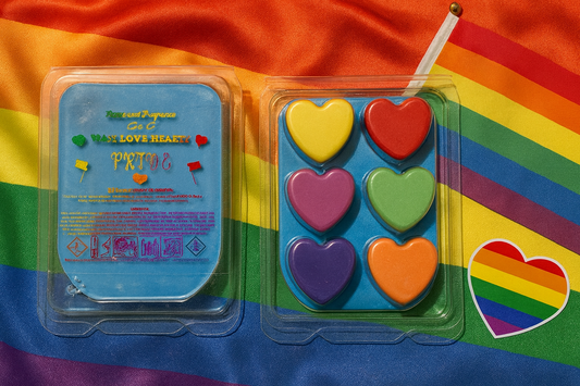 Packaged heart-shaped wax melts with a rainbow flag background