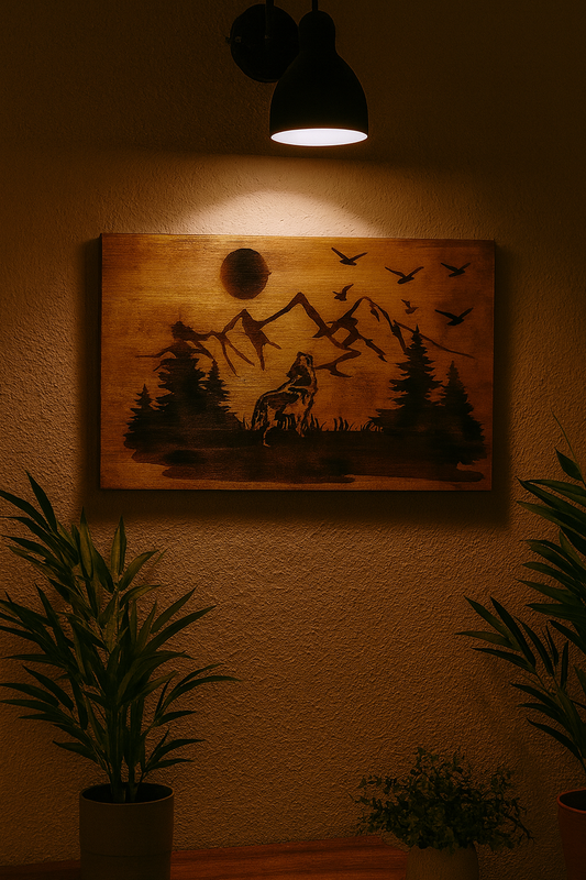 Wooden wall art with a wolf and mountain design illuminated by a lamp on a warm-toned wall.